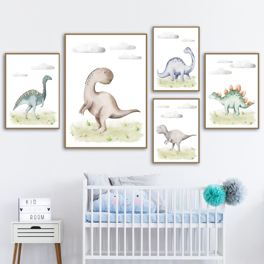 Мультфильм динозавр белые облака трава детская настенная живопись на холсте плакаты на скандинавскую тему и принты настенные панно для декора комнаты для маленьких мальчиков