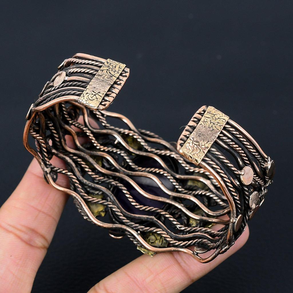 Шалфей Аметист Драгоценный камень Чистая медная проволока Обернутая вручную манжета/браслет Ювелирные изделия