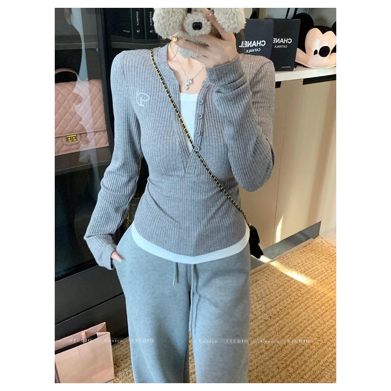 Spring Autumn Fake Two Pieces Casual Fashion Bottomed T-shirt Women Long Sleeve Patchwork Tee Pullover Top