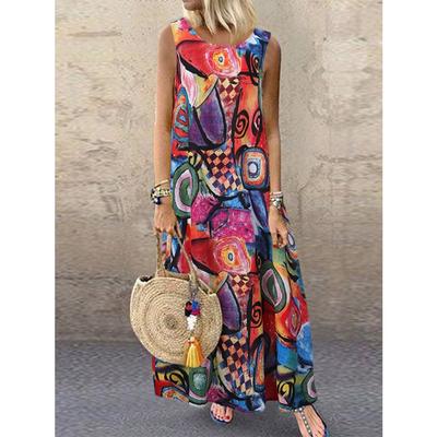 Женское платье-жилет в стиле ретро с цветочным принтом, винтажное повседневное летнее платье с круглым вырезом без рукавов, большие длинные платья макси