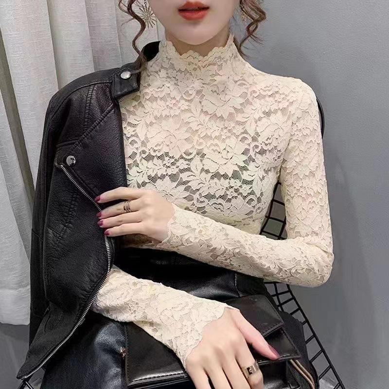 Топ с длинными рукавами из кружевной сетки и высоким воротником — модный стиль осень/зима для женщин