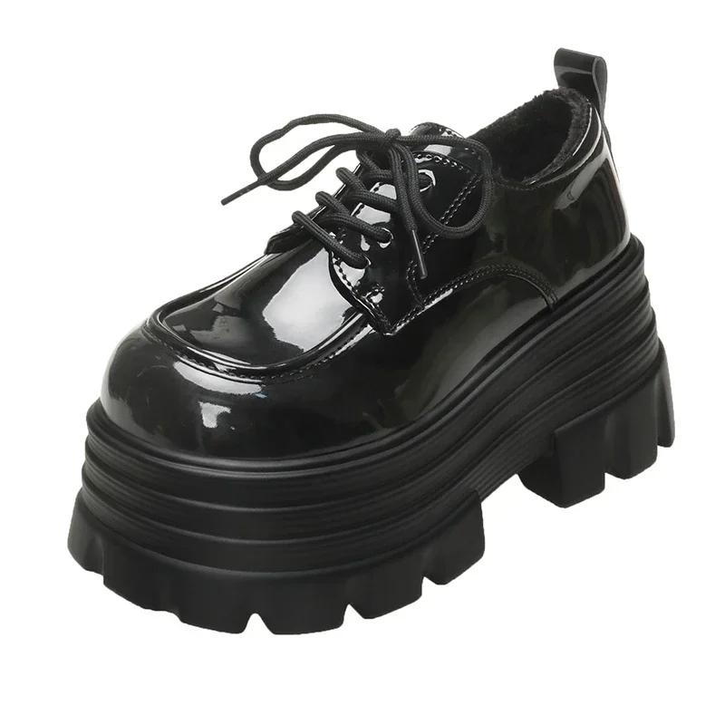 Модные 9 см Новые Женские Зимние Теплые Кроссовки На шнуровке Высокая Платформа Кожаная Обувь Женская Готическая До щиколотки Рок Ботинки Толстая Подошва Меховая Обувь