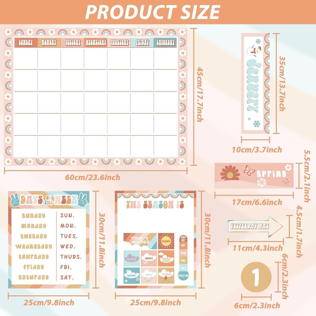 Groovy Classroom Calendar Bulletin Board Set Decorations Retro Hippie Calendar Seasons Weather Chart CTP Bright Paper-Cuts Boho Hippie Wall Decals