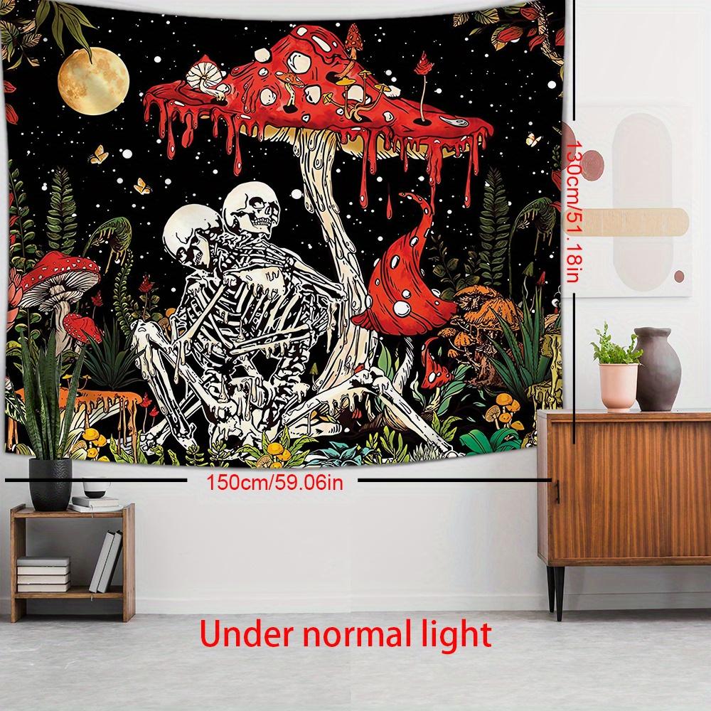 VIKAMA Romantic Skull Couple And Enchanted Forest Decorative Tapestry Vibrant Mushrooms And Butterflies Tapestry Home Decor