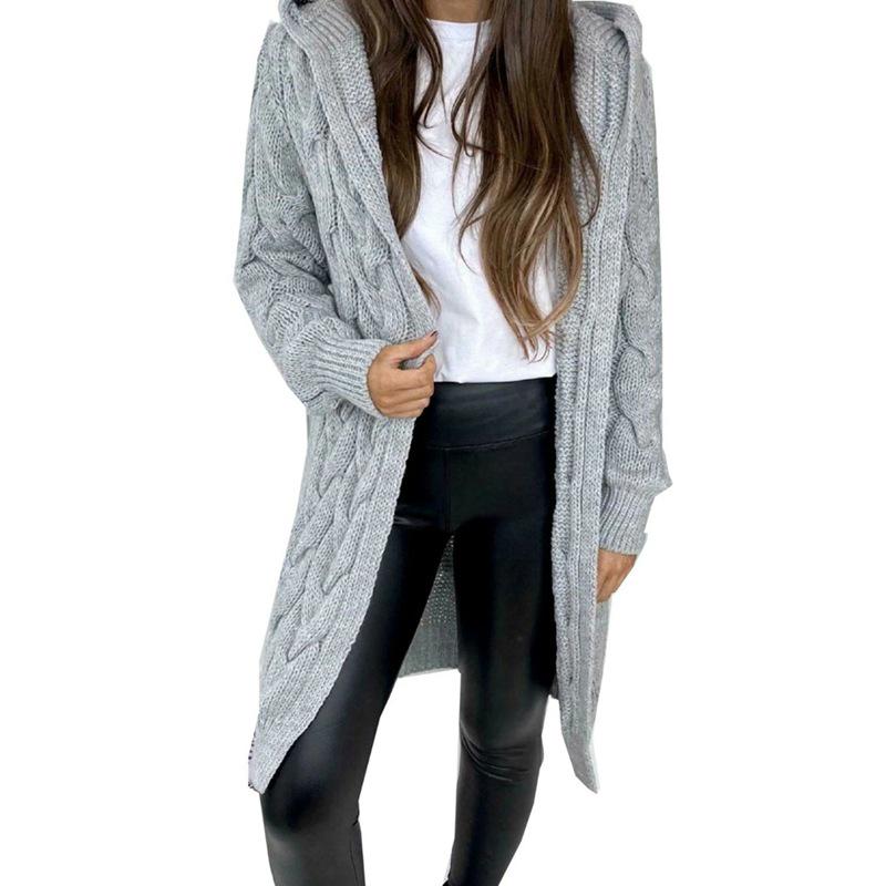 Autumn/Winter Knit Hooded Cardigan Coat - Mid-length Solid Color Cable Knitwear