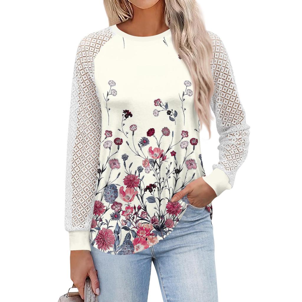Women's  Long Sleeve  T Shirts Round Neck Lace Tops  Casual Blouses Trendy  Fashion Top