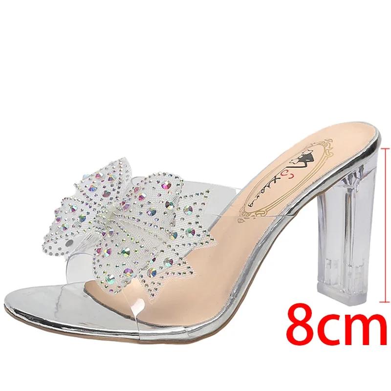 Модные туфли на высоком каблуке Rimocy, хрустальные шлепанцы с бантом, женские, лето 2025, с открытым носком, прозрачные ПВХ сандалии, женские, прозрачные на каблуке, праздничные шлепанцы