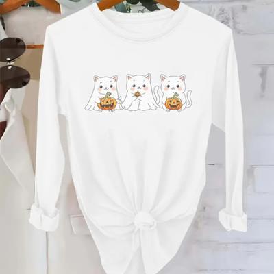 Топы для женщин Хэллоуин кошка принт круглый вырез длинный рукав футболка осень повседневный тонкий пуловер женский длинный рукав топ