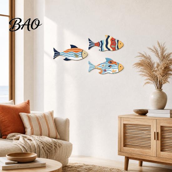Balcony Marine Wall Art 3 Pcs Vintage Beach Wooden Fish Decor, Nautical School of Coastal Art, Summer Lake House Hanging Sculpture for Living