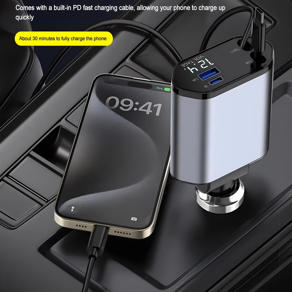 120 Вт 4-в-1 Быстрое автомобильное USB-C зарядное устройство, Выдвижной адаптер прикуривателя для iPhone Samsung Huawei Xiaomi – Quick Charge