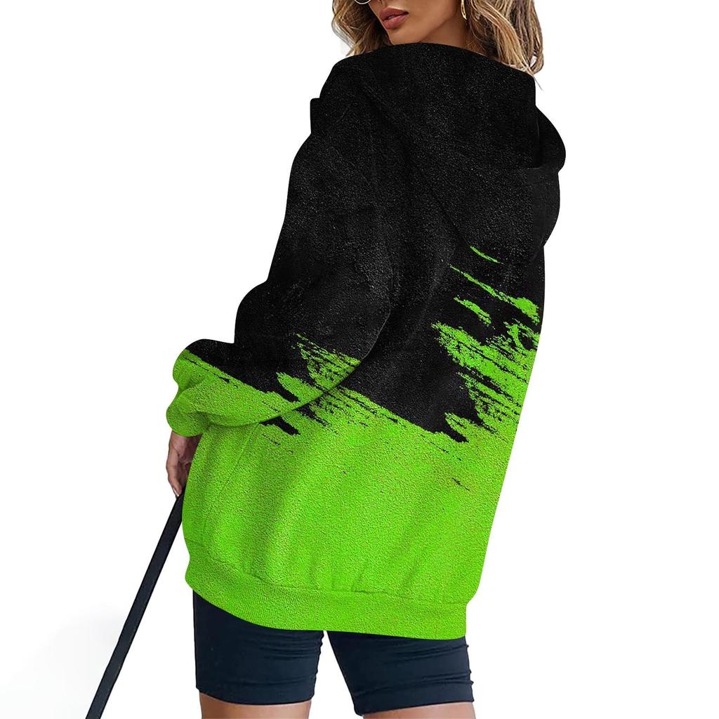 Women's Fashion Casual Printed Sweatshirt Long Sleeve With Pocket Cardigan Jacket Zipper Hoodie Coat