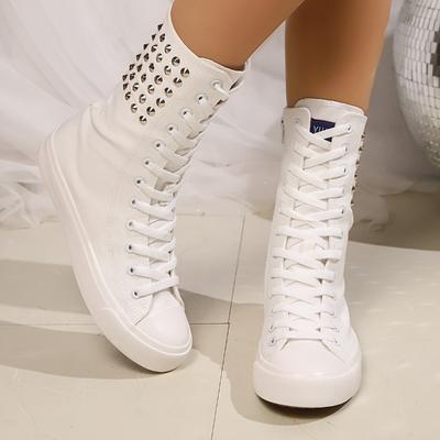 Короткие женские туфли на шнуровке спереди и молнией сбоку, внутренняя высота, заклепки, парусиновые туфли, повседневная обувь, модный тренд