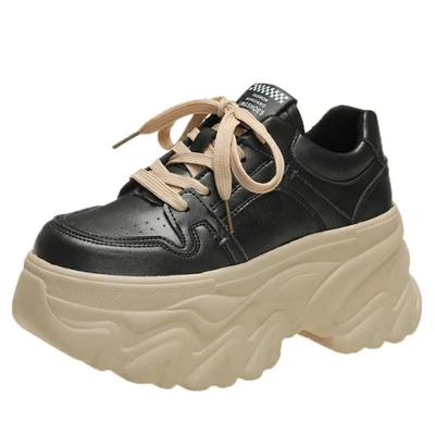 Мода 8 см, новинка 2024 года, осенние женские туфли на высокой платформе, повседневная обувь на танкетке, увеличивающие рост, массивные кроссовки, женская кожаная обувь