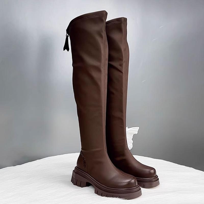Женские ботфорты на плоской подошве, ботинки до колена на платформе, зимняя обувь, дизайнерские новые женские высокие сапоги 2025, новый бренд, готические женские ботинки челси