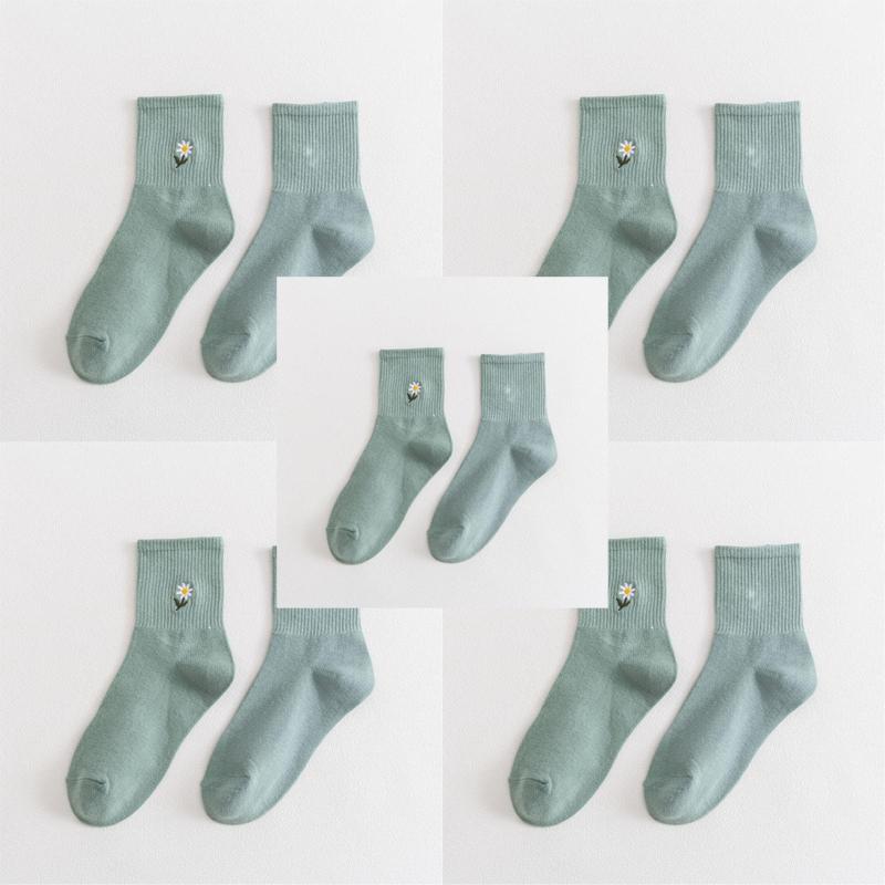 5 пар осенне-зимних женских вышитых носков средней длины из хлопка, однотонные модные удобные женские носки