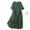 Real Summer New Literary Large Size Loose Solid Color V-neck Short-sleeved Dress Women's Medium and Long Models