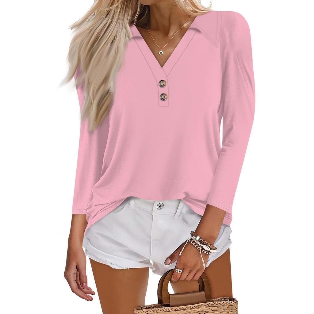 Женская летняя модная повседневная однотонная рубашка с v-образным вырезом и воротником на пуговицах с семиточечным принтом, топ