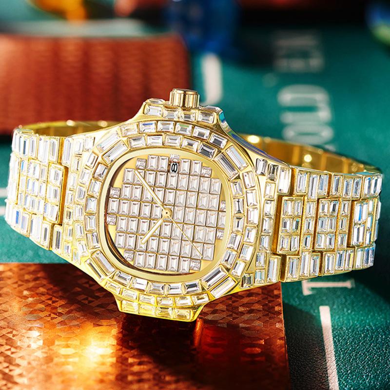 Роскошные мужские часы водонепроницаемые кварцевые наручные часы Ice Out Diamond нержавеющая сталь ремешок светящиеся стрелки Montre Homme