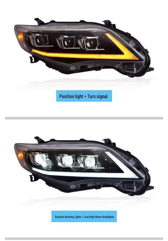 Светодиодные фары Toyota Corolla 2011-2013 с динамическими дневными ходовыми огнями и бегущими указателями поворота.