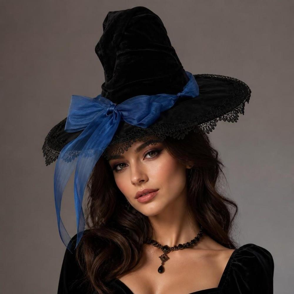 Lace Trim Wizard Hat Bandage Bow Lolita Bucket Hat New Witch Pointed Hat Halloween Party