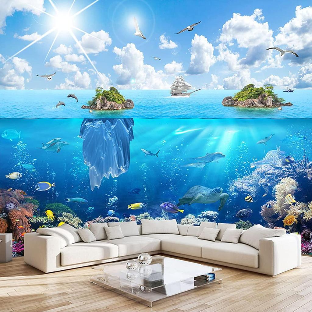 Голубой подводный мир Остров дельфинов 3D настенные фотообои, наклейка на стену с морской жизнью Съемная фреска для детской комнаты Детский сад Детская комната
