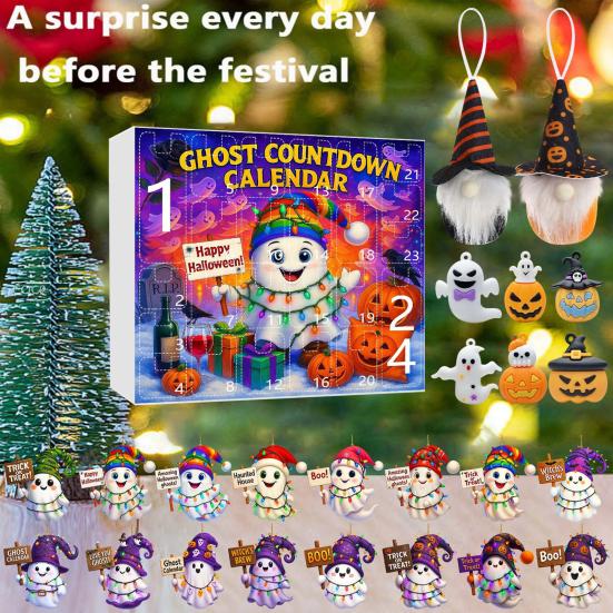 Хэллоуин Адвент-календарь 2025 24-дневный календарь обратного отсчета с акриловыми украшениями в виде призрака/гнома/тыквы для помещения