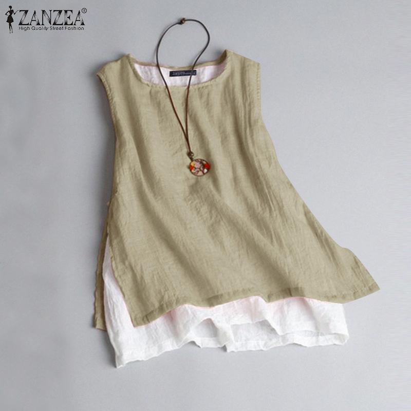 ZANZEA Women Summer Loose Casual O-neck Sleeveless Double Layer Tank Tops