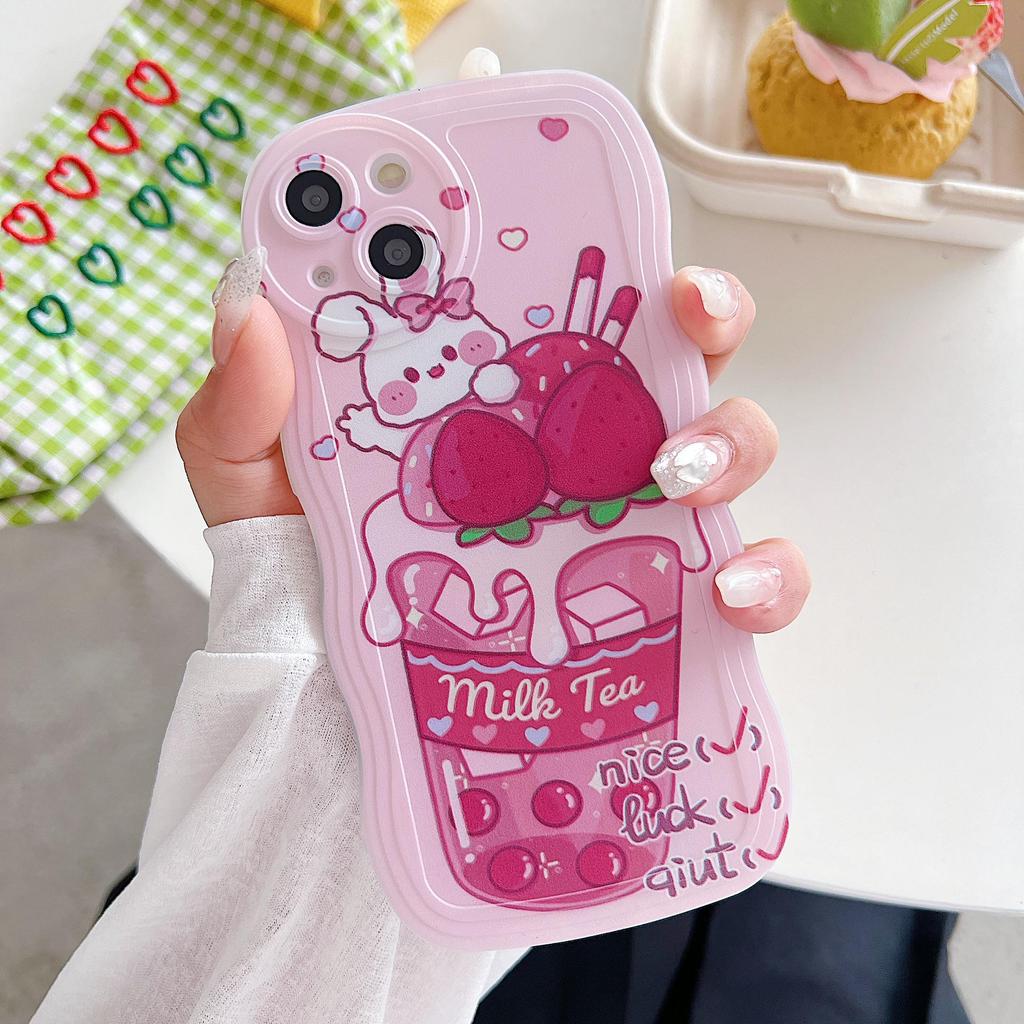Wave Edge Silicone Case for Oppo A58 A78 A38 Samsung A54 A34 A24 A14 iPhone 15 14 Redmi Note 12 11 10 Infinix Note 30 Funda Milk Tea Bear Bunny Cover