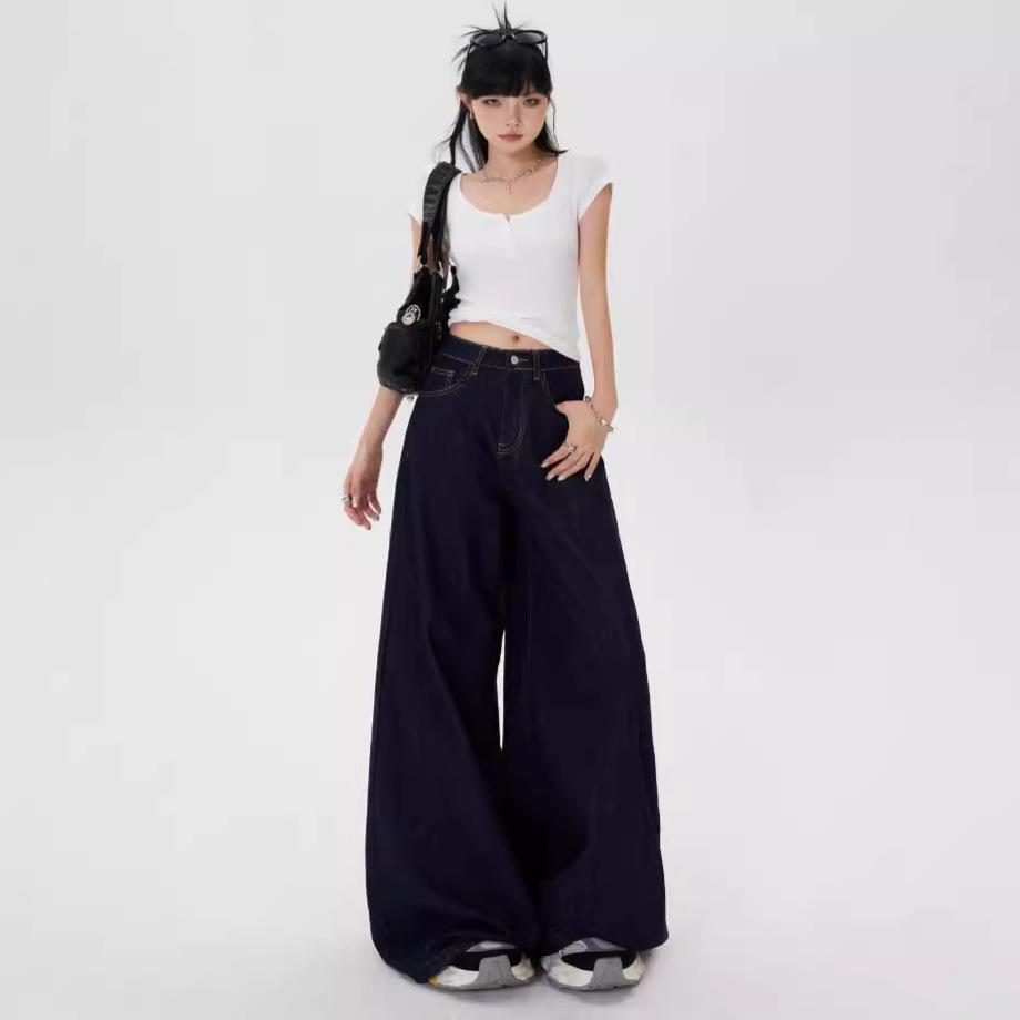 Весна-лето Женские свободные темно-синие джинсы с широкими штанинами для улично-стильной девушки, мешковатые брюки с высокой талией, женские повседневные прямые джинсовые брюки