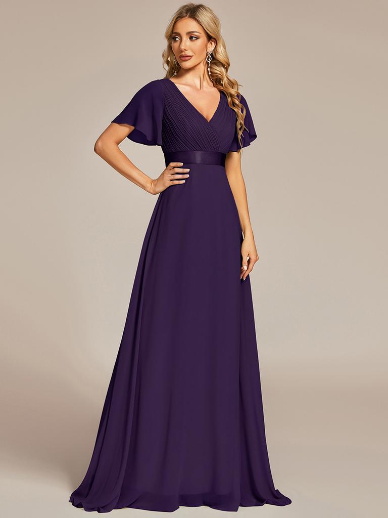 Ever-Pretty Women's Double V-Neck Empire Waist Floor Length Chiffon Evening Dresses with Short Flutter Sleeves