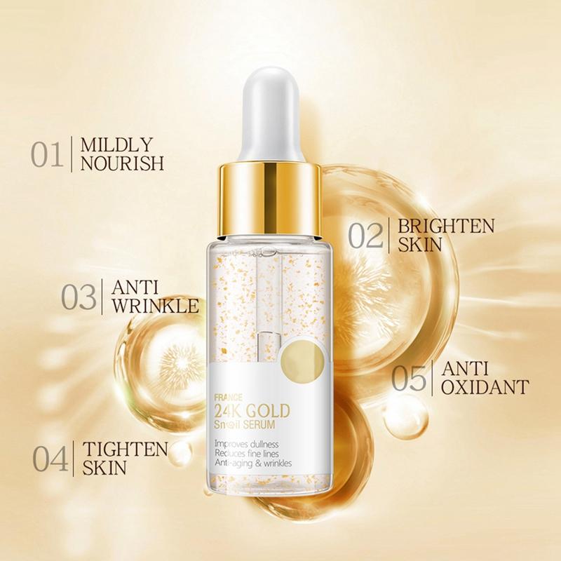 24K Gold Snail Serum Увлажняющая укрепляющая кожа Осветляющая тонкие линии Антивозрастная питательная сыворотка для лица