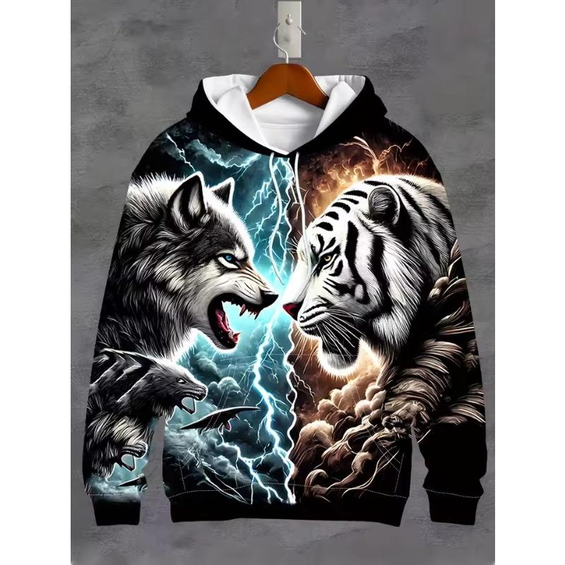 Vintage Men's Hooded Hoodies 3D Printed Battle Animal Pattern Sweatshirt Drawstring Sport Long Sleeve Tops Casual Men's Clothing