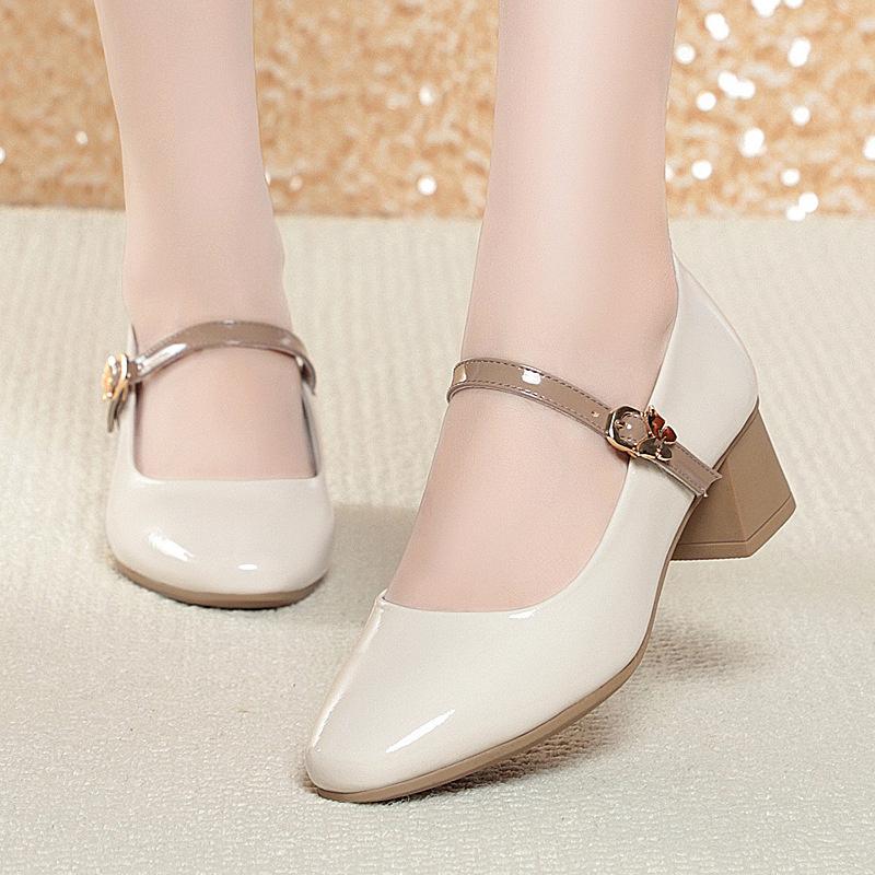 Spring New Women's Black Mary Jane Shoes Soft Leather Square Heel Dress Shoes Shallow Mouth Buckle Strap Single Shoes