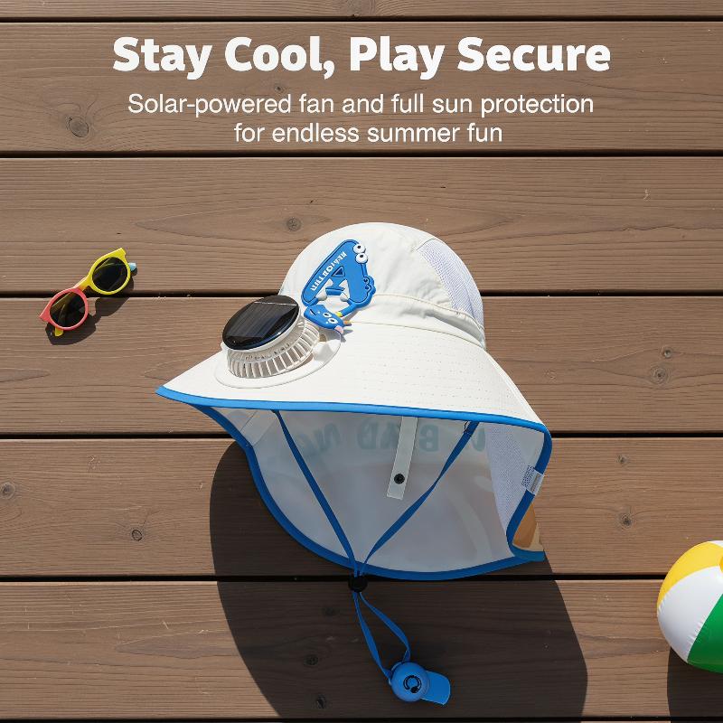 Kids Wide Brim Sun Hat Solar Rechargeable Fan Neck Flap Uv Protection For Summer Beach Activities