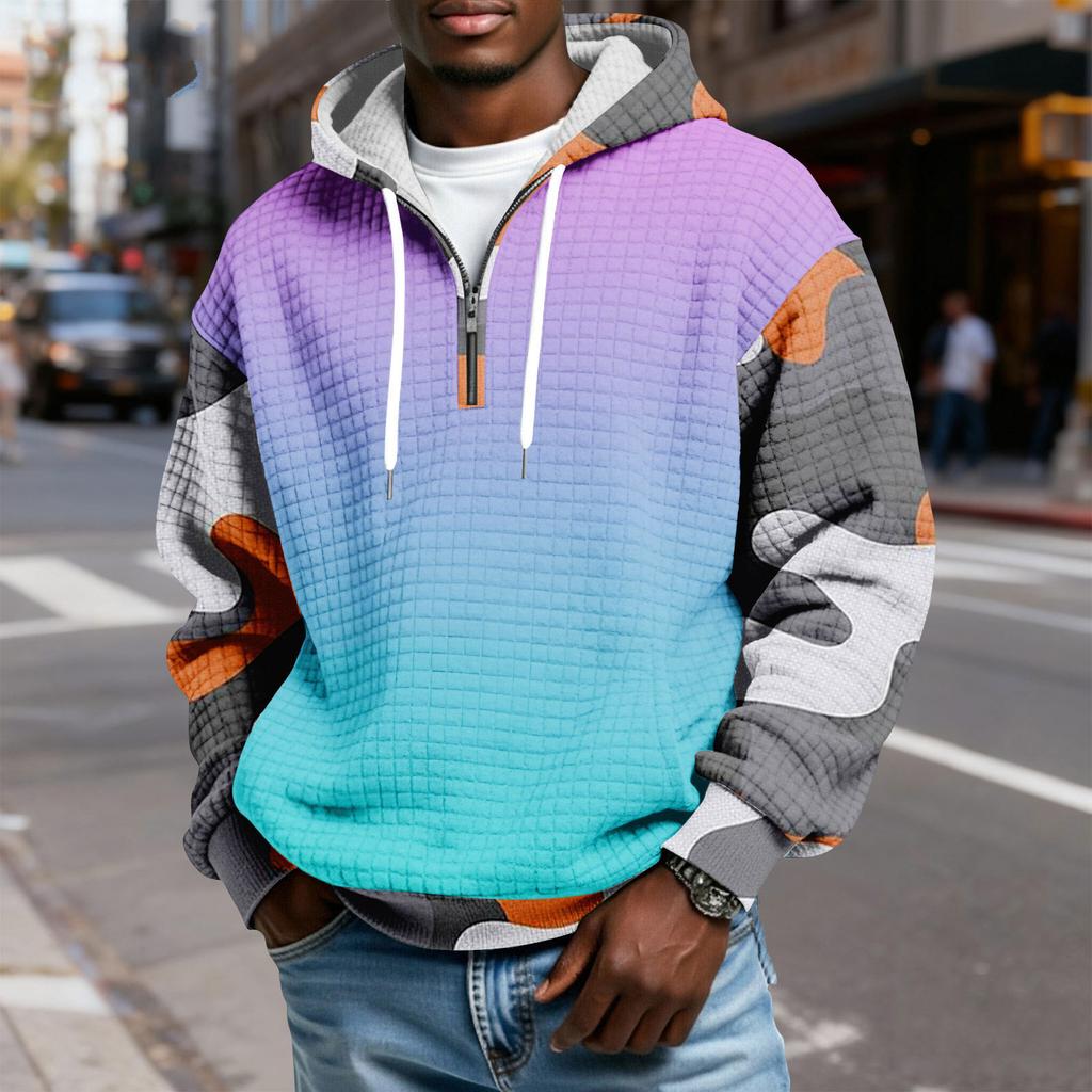 Мужской худи-пуловер в клетку с капюшоном на молнии до середины, со шнурком и принтом, повседневная спортивная толстовка