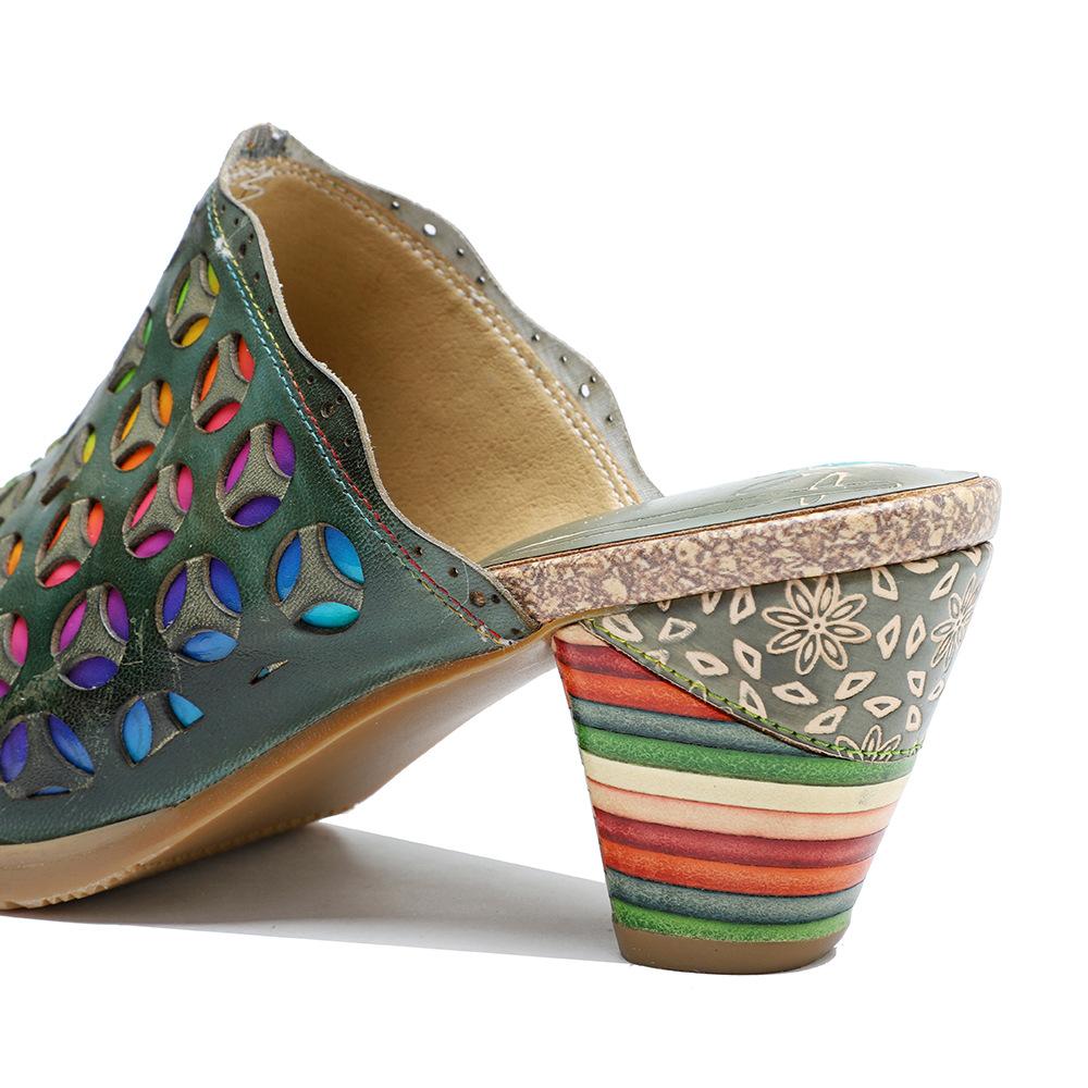 Расписные тапочки ручной работы. Женские сандалии на круглом каблуке из натуральной кожи в этническом стиле в стиле пэчворк с кружевом.