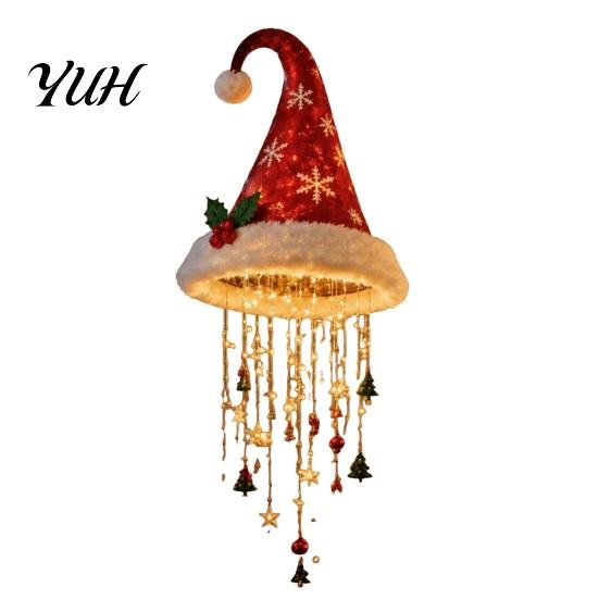 Decorative Hanging Ornaments for Ceiling Lighted Santa Hat Chandelier, Warm LED Christmas String, Sequined Cone Pendant Decor with Holiday Chandelier