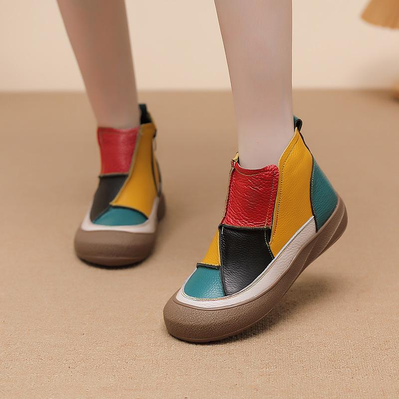 Autumn and Winter Color Matching Women's Shoes Short Boots First Layer Cowhide Comfortable One-pedal Single Shoes Casual New