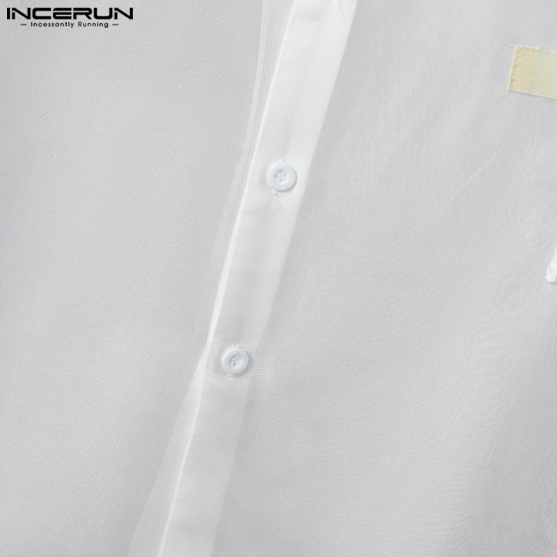 INCERUN Men Long Sleeve Patchwork Mesh See Through Party Club Shirts Tops