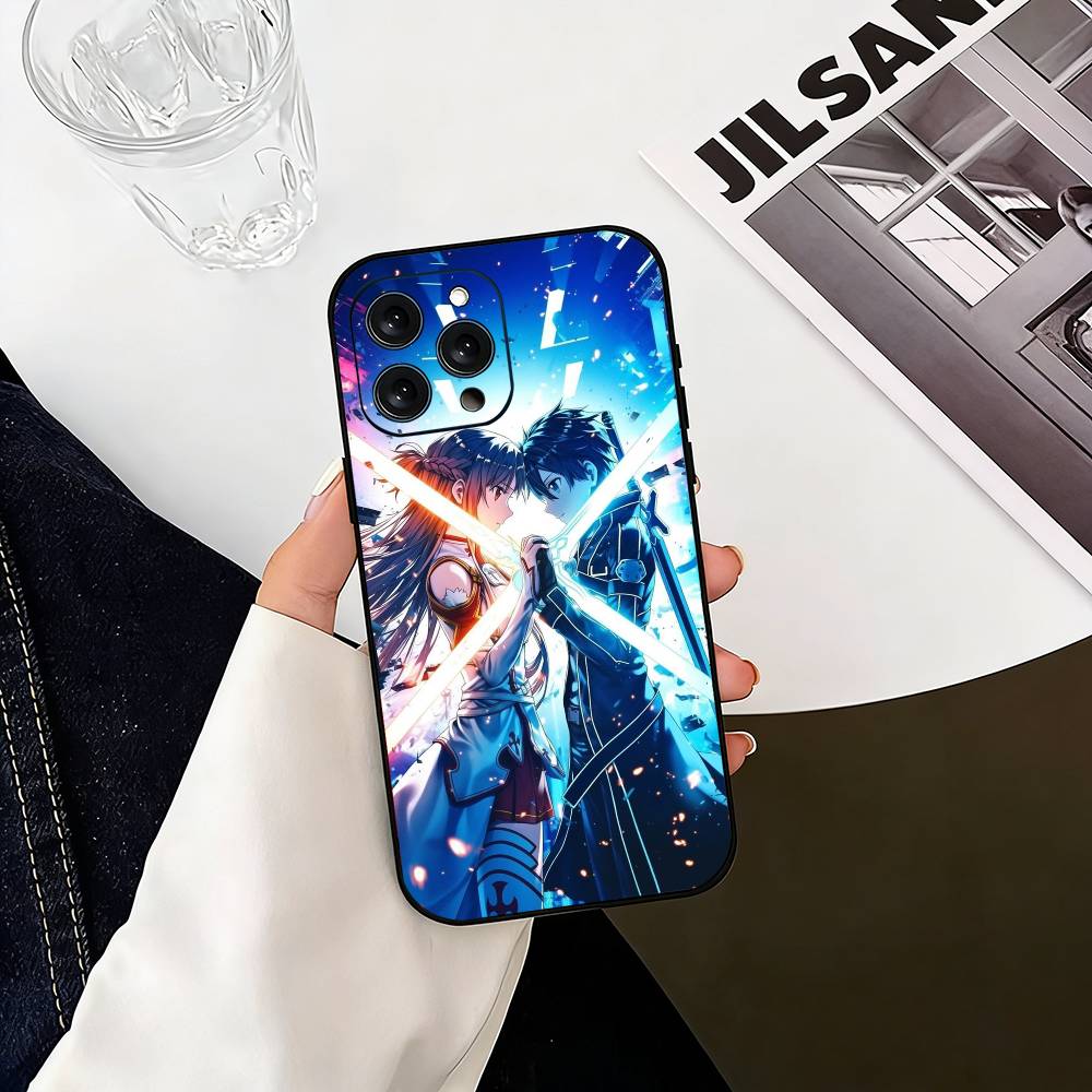 Чехол для телефона с Кирито и Асуной из аниме для iPhone 17,16,15,14,13,12,11 Plus,Pro Max,XS,Мягкий силиконовый черный чехол
