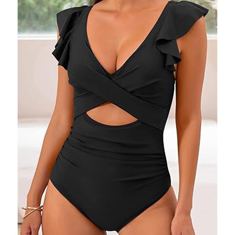 European and American Style Women Fashion Ruffled Cut Out Bikini Tummy Control Swimwear Push Up Monokini Swimsuit One Piece Backless Bathing Suit