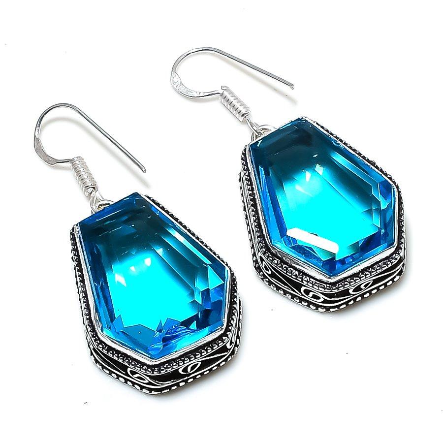 Серьги ручной работы из стерлингового серебра 925 пробы с натуральным синим топазом 1,77 дюйма Y5r44