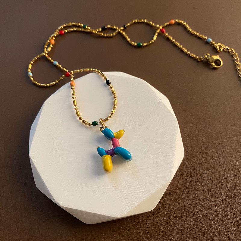 Корейский стиль Подвеска-чокер в виде собаки из воздушных шаров - Милый трехмерный эмалевый дизайн из титановой стали