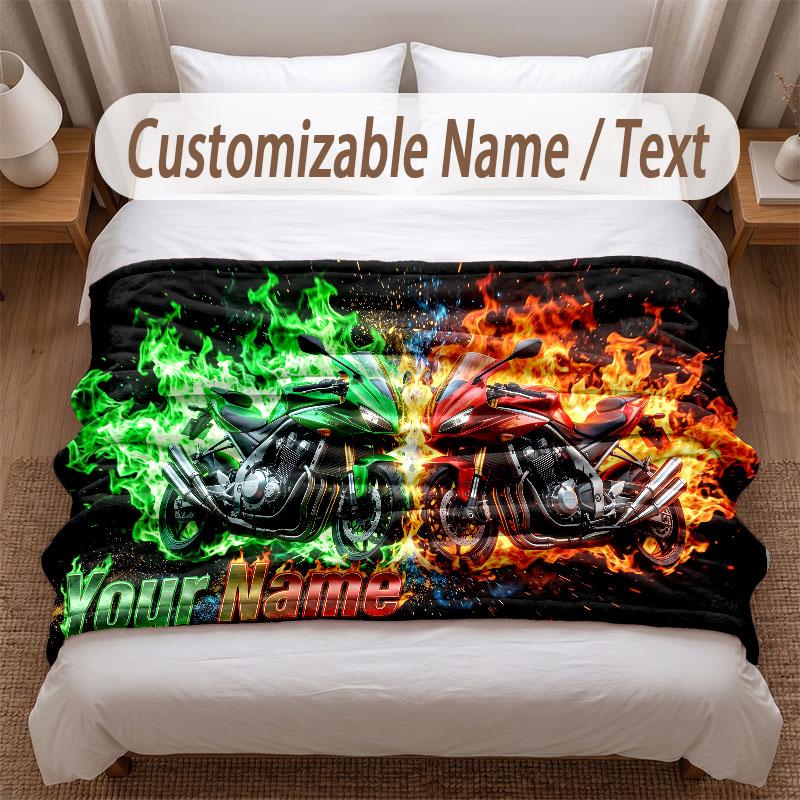 Motorcycle Biker Theme Soft Blanket Personalized Custom Name Text Print Warm Blanket Home Sofa Bedroom Decor