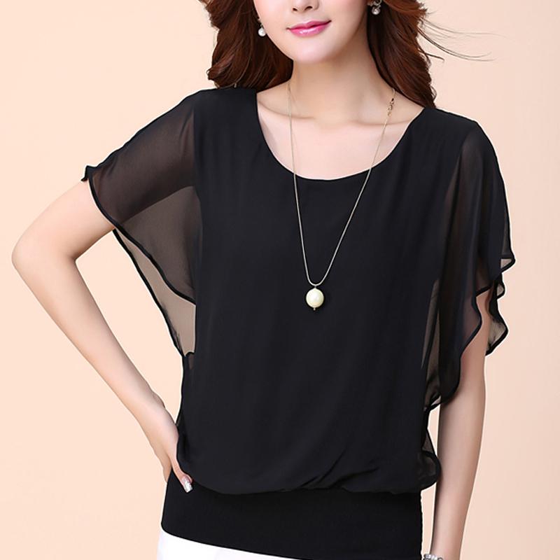 Women Fashion Loose O-neck Solid Color Summer Chiffon Blouse Tops