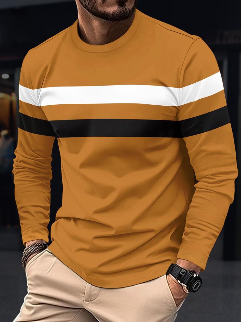 Plus Size Men's Color Block Crew Neck Long Sleeve Base Layer Pullover for Autumn & Winter