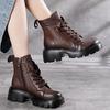 Autumn and Winter Women's Soft Leather Thick-heeled Waterproof Platform Thick-soled Short Boots British Style Round Head Lace-up Short Boots