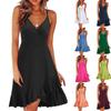 Women Summer Wrap V Neck Adjustable Spaghetti Straps Chest Pleats Casual Ruffle Dress Summer Beach Knee Length Dress Open Back Off Shoulder Dress