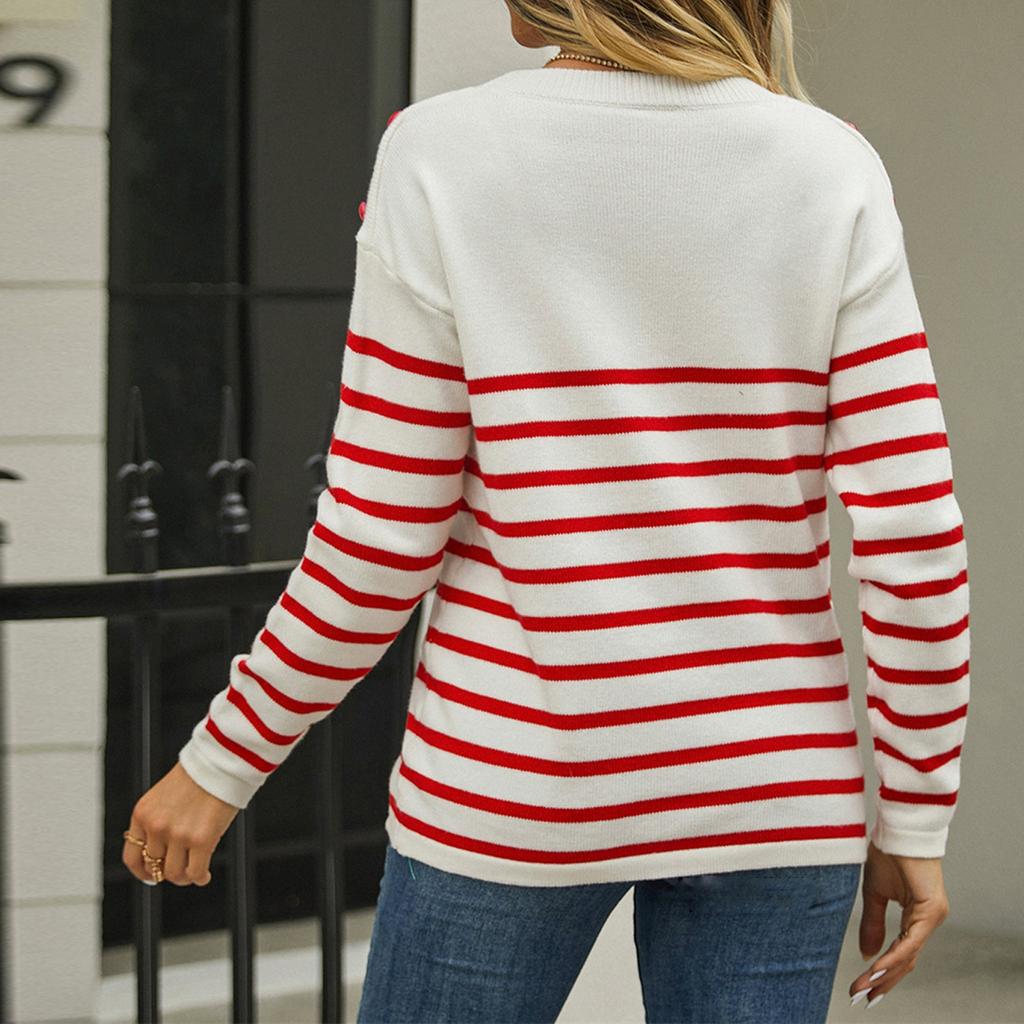 Women's Casual Fashion Comfortable Round Neck Pullover Contrast Color Striped Long Sleeve Street Trend Knitted Sweater