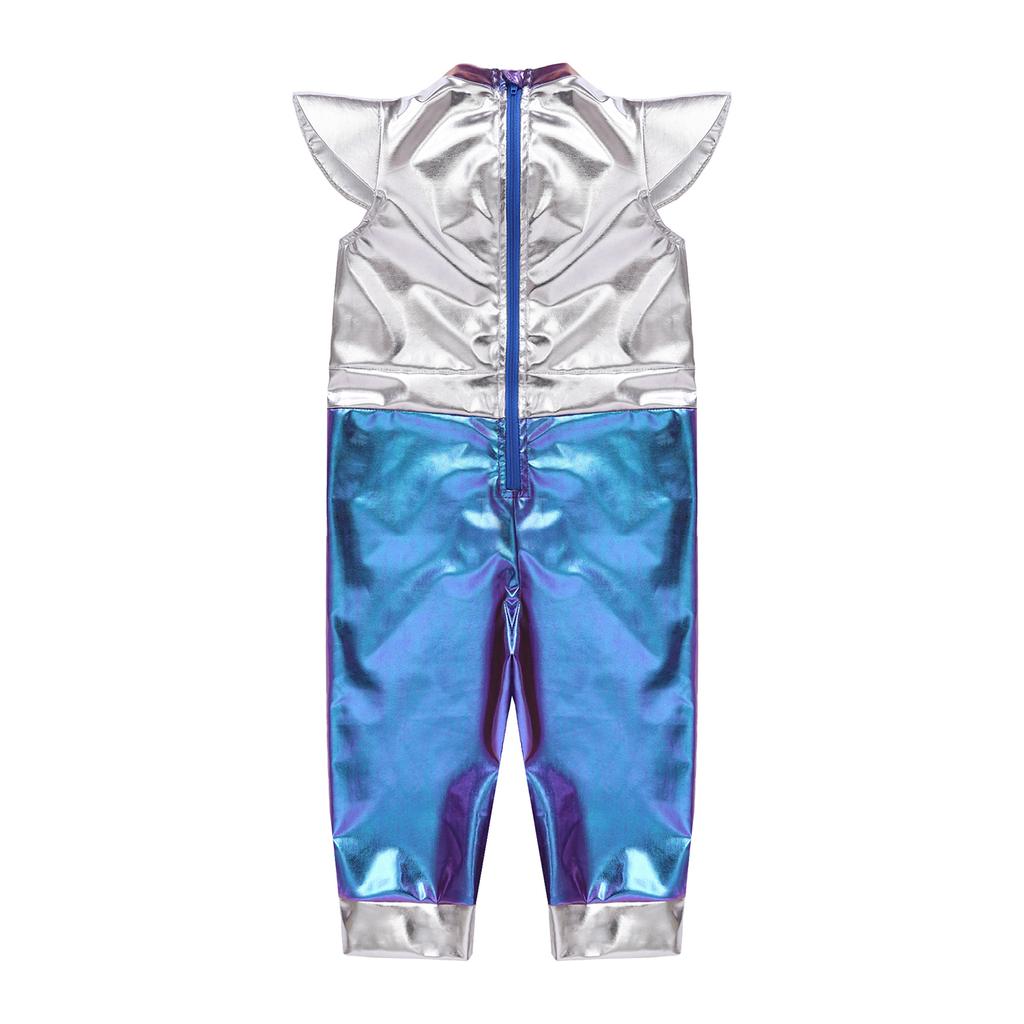Baby Girls Color Block Alien Jumpsuit Cap Sleeve Zipper Back Metallic Romper Photography Cosplay Halloween